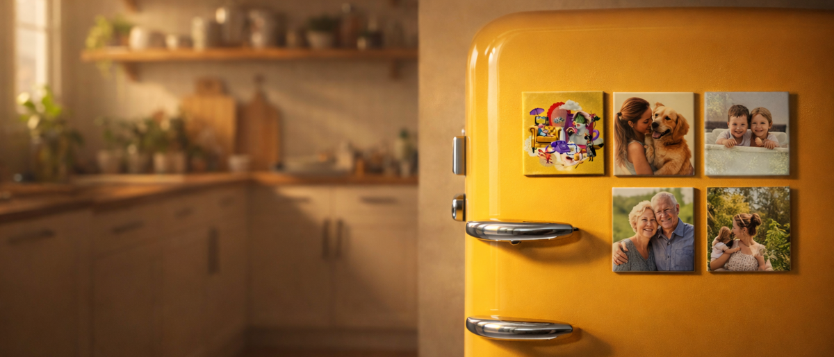 Banner homepage Tia Pureza – azulejos magnéticos cerâmicos personalizados com fotografias de família em frigorífico retro amarelo