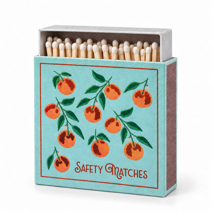 Caixa quadrada de Fósforos de Segurança Oranges com ilustrações de laranjas