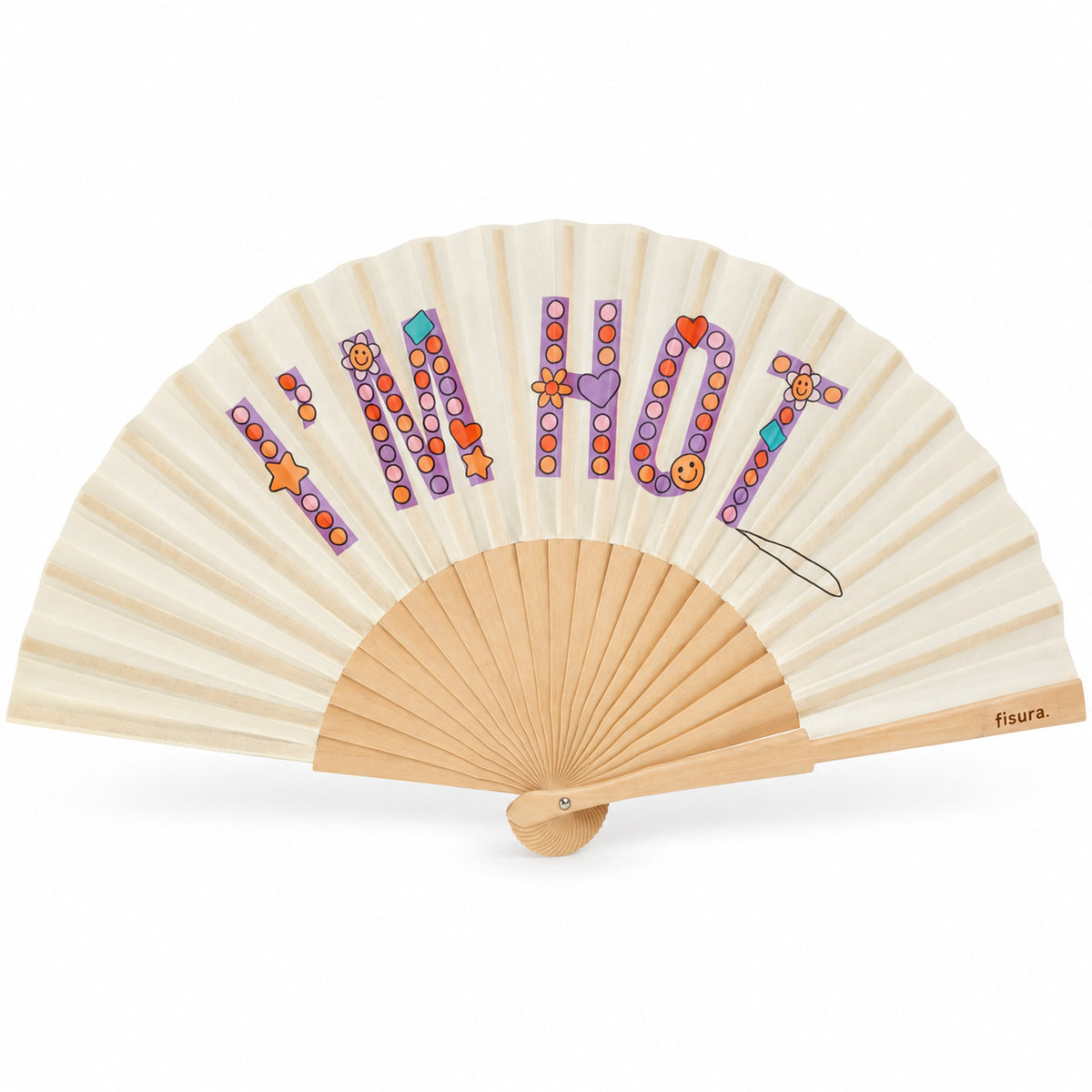Leque “I’m Hot” com padrão de missangas, aberto