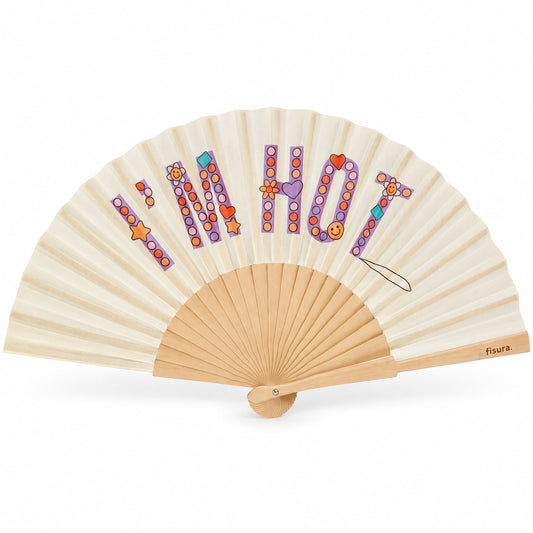 Leque “I’m Hot” com padrão de missangas, aberto