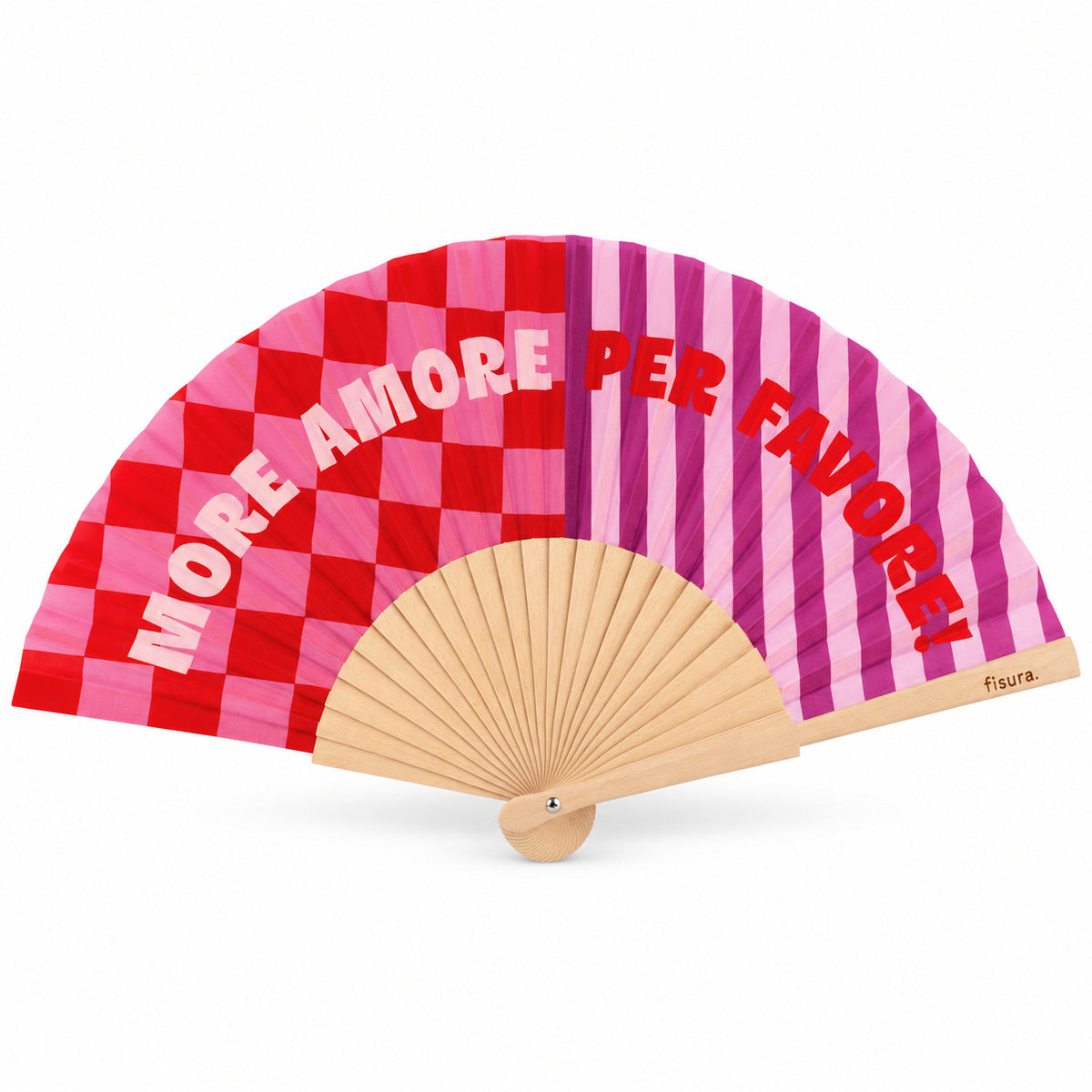 Leque “More Amore, Per Favore” aberto, com mensagem colorida