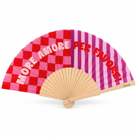 Leque “More Amore, Per Favore” aberto, com mensagem colorida