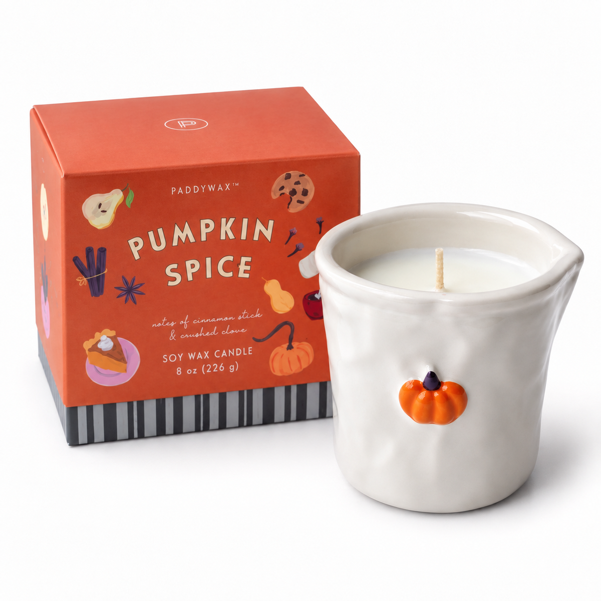 Vela Perfumada Pumpkin Spice apresentada na sua caixa deslizante para oferecer