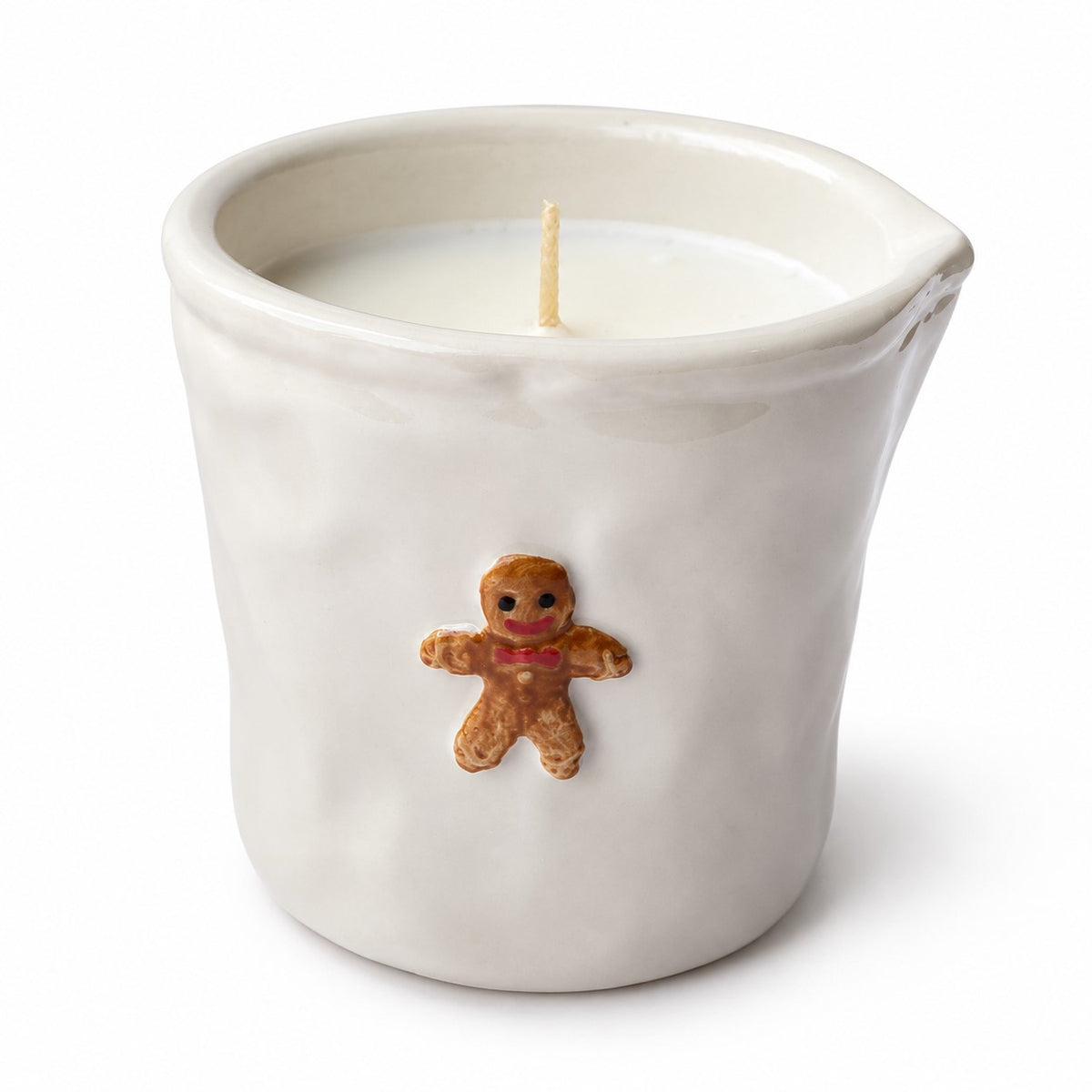 Vela Perfumada Gingerbread em recipiente de cerâmica creme decorado com bolachas de gengibre